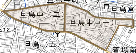 旦島中とその周辺の地図。町の範囲を重ねている