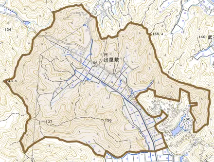 出屋敷とその周辺の地図。町の範囲を重ねている