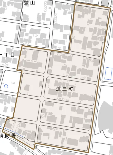 道三町とその周辺の地図。町の範囲を重ねている