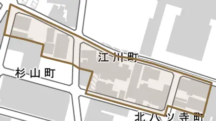 江川町とその周辺の地図。町の範囲を重ねている