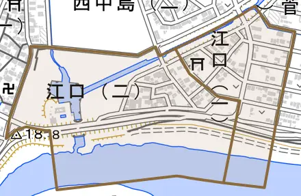 江口とその周辺の地図。町の範囲を重ねている