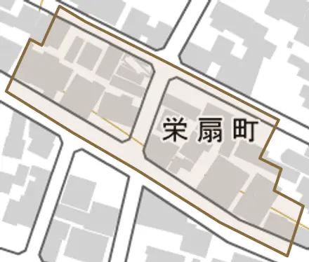 栄扇町とその周辺の地図。町の範囲を重ねている