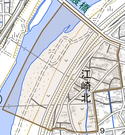江崎北とその周辺の地図。町の範囲を重ねている