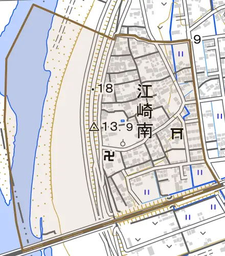 江崎南とその周辺の地図。町の範囲を重ねている