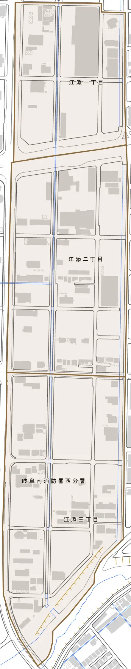江添とその周辺の地図。町の範囲を重ねている