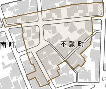 不動町とその周辺の地図。町の範囲を重ねている