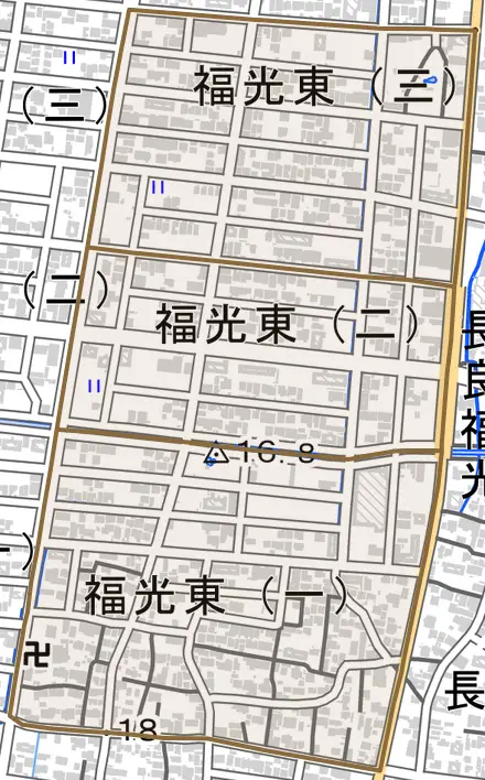 福光東とその周辺の地図。町の範囲を重ねている