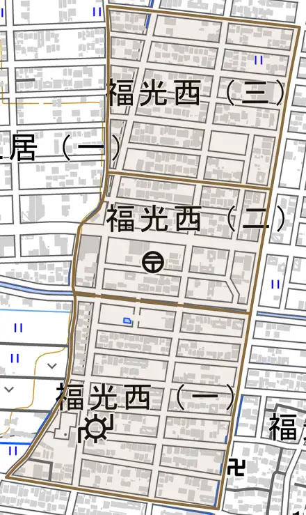 福光西とその周辺の地図。町の範囲を重ねている