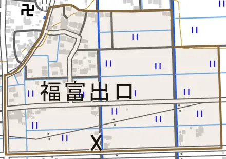 福富出口とその周辺の地図。町の範囲を重ねている
