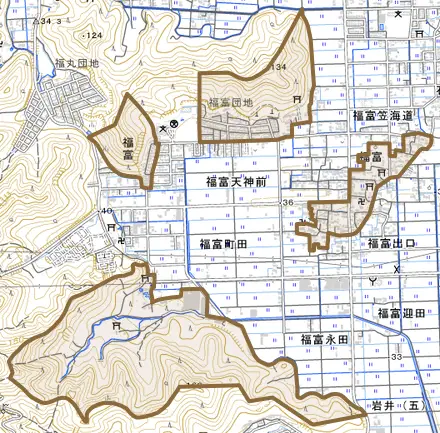 福富とその周辺の地図。町の範囲を重ねている