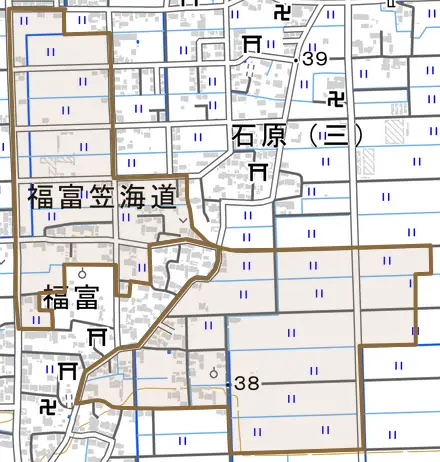 福富笠海道とその周辺の地図。町の範囲を重ねている