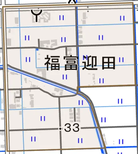 福富迎田とその周辺の地図。町の範囲を重ねている