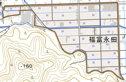 福富永田とその周辺の地図。町の範囲を重ねている