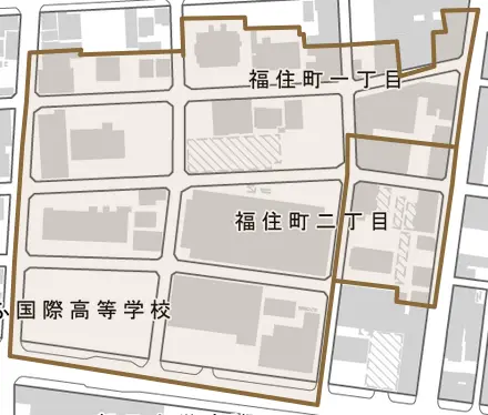 福住町とその周辺の地図。町の範囲を重ねている
