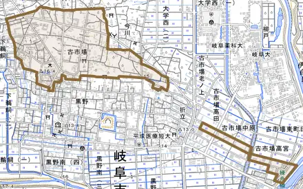 古市場とその周辺の地図。町の範囲を重ねている