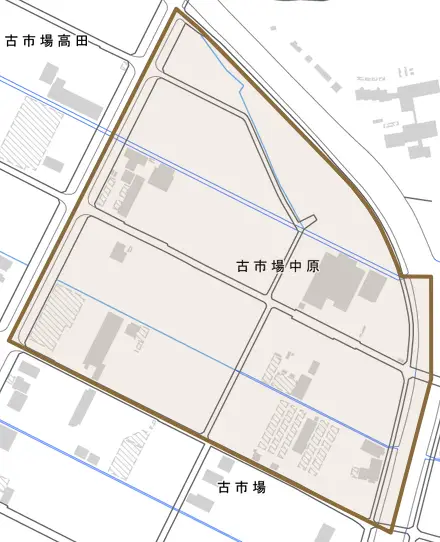 古市場中原とその周辺の地図。町の範囲を重ねている
