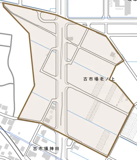 古市場老ノ上とその周辺の地図。町の範囲を重ねている