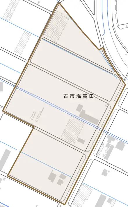 古市場高田とその周辺の地図。町の範囲を重ねている