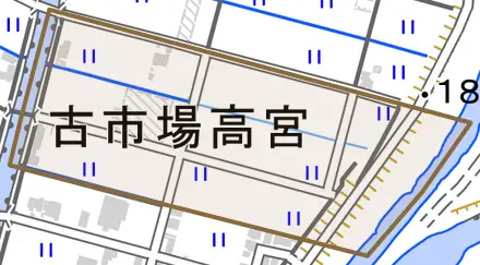 古市場高宮とその周辺の地図。町の範囲を重ねている