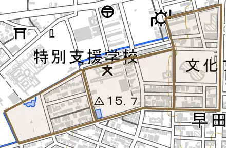 学園町とその周辺の地図。町の範囲を重ねている