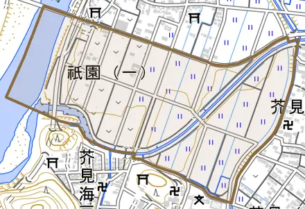祇園とその周辺の地図。町の範囲を重ねている