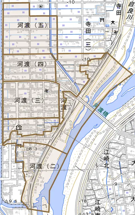 河渡とその周辺の地図。町の範囲を重ねている