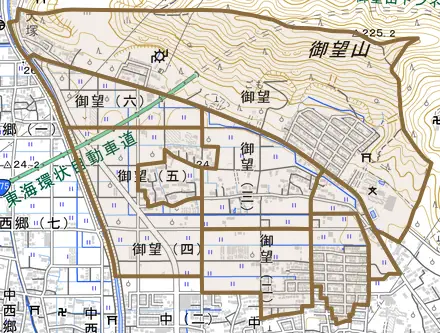 御望とその周辺の地図。町の範囲を重ねている