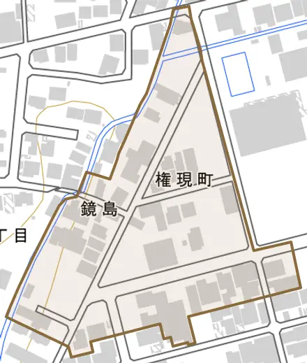 権現町とその周辺の地図。町の範囲を重ねている
