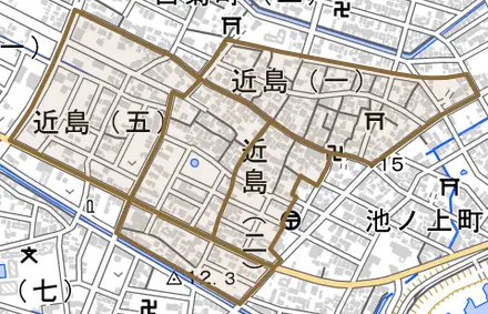 近島とその周辺の地図。町の範囲を重ねている