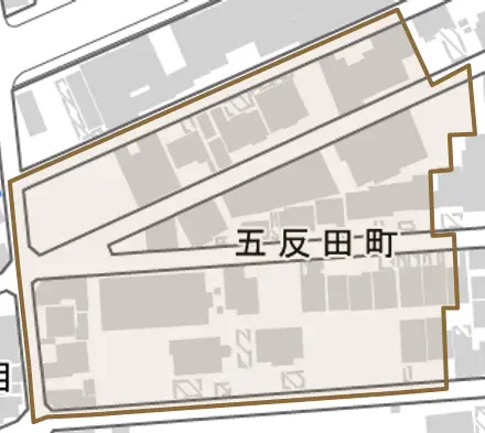 五反田町とその周辺の地図。町の範囲を重ねている