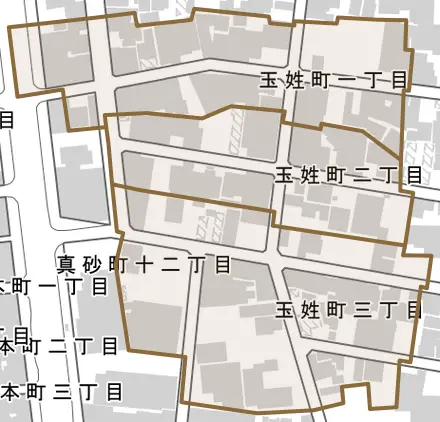玉姓町とその周辺の地図。町の範囲を重ねている