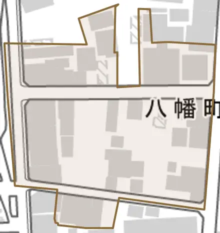 八幡町とその周辺の地図。町の範囲を重ねている