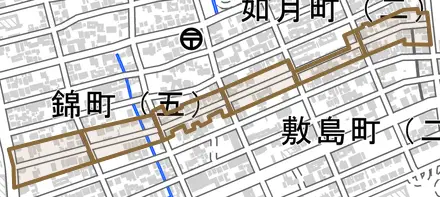 羽衣町とその周辺の地図。町の範囲を重ねている