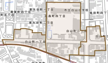白山町とその周辺の地図。町の範囲を重ねている