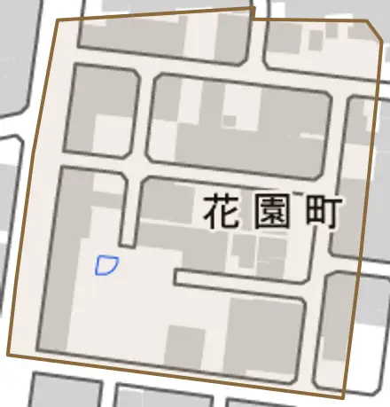 花園町とその周辺の地図。町の範囲を重ねている