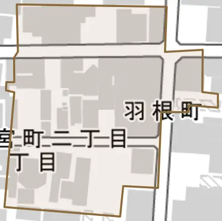 羽根町とその周辺の地図。町の範囲を重ねている