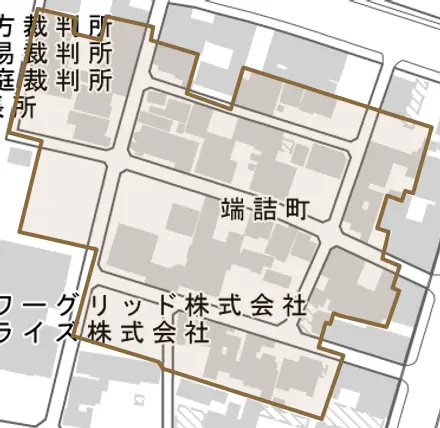 端詰町とその周辺の地図。町の範囲を重ねている