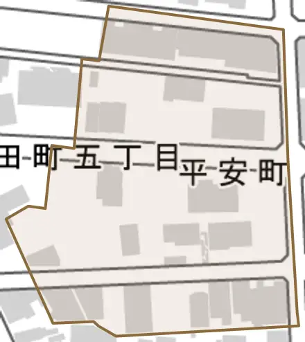平安町とその周辺の地図。町の範囲を重ねている