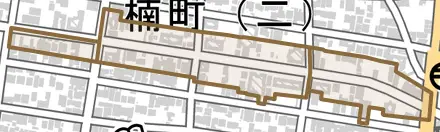 平和通とその周辺の地図。町の範囲を重ねている