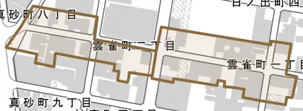 雲雀町とその周辺の地図。町の範囲を重ねている