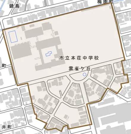 雲雀ケ丘とその周辺の地図。町の範囲を重ねている