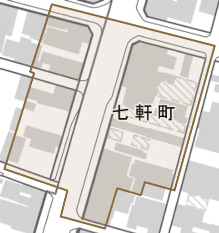 七軒町とその周辺の地図。町の範囲を重ねている