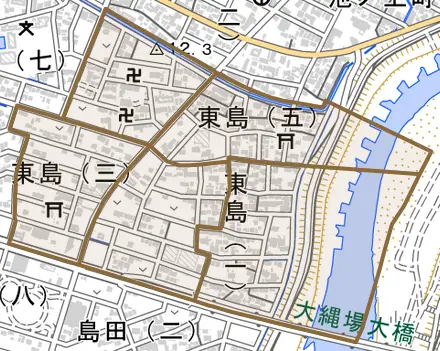 東島とその周辺の地図。町の範囲を重ねている