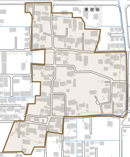 東改田とその周辺の地図。町の範囲を重ねている