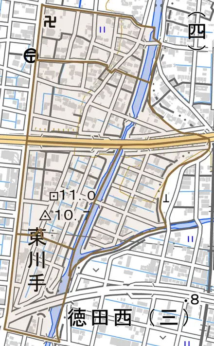 東川手とその周辺の地図。町の範囲を重ねている