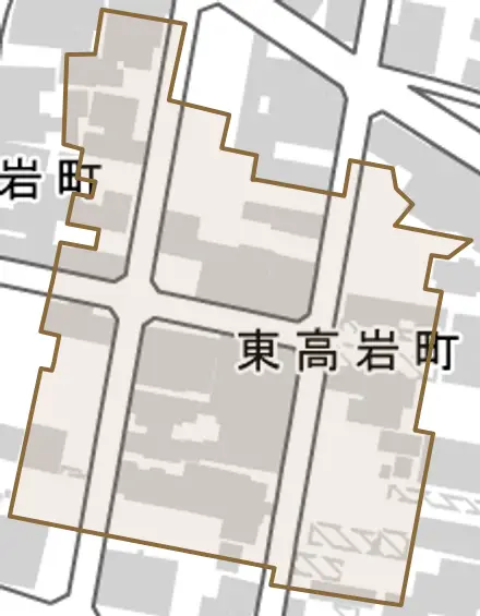 東高岩町とその周辺の地図。町の範囲を重ねている