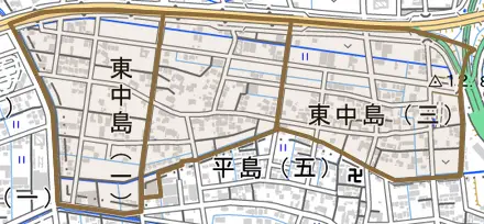 東中島とその周辺の地図。町の範囲を重ねている