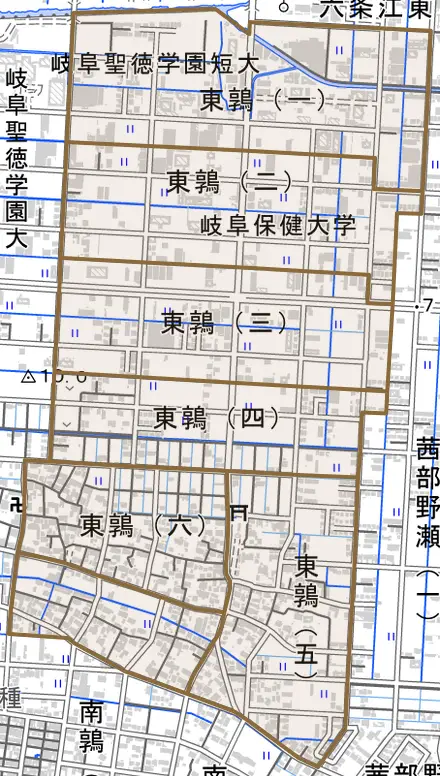 東鶉とその周辺の地図。町の範囲を重ねている