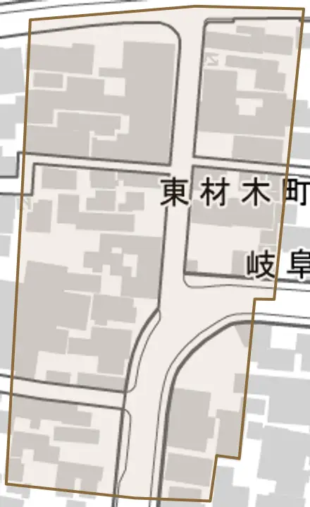 東材木町とその周辺の地図。町の範囲を重ねている