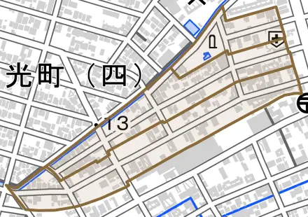 光町とその周辺の地図。町の範囲を重ねている